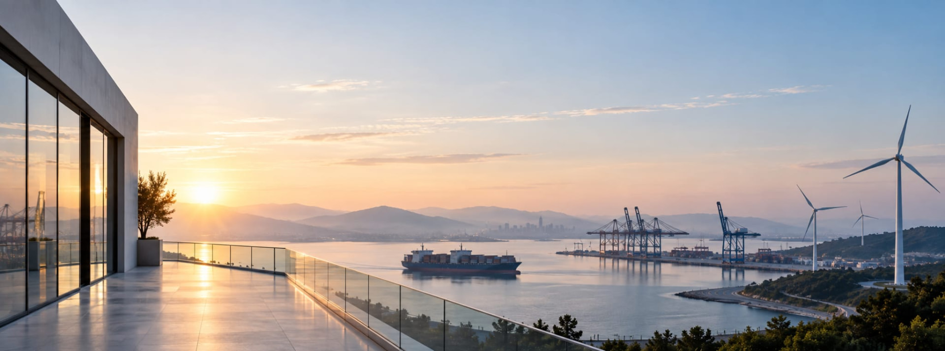 Cinematic wide view from a modern terrace over a harbour with a container ship, port cranes and wind turbines at sunset