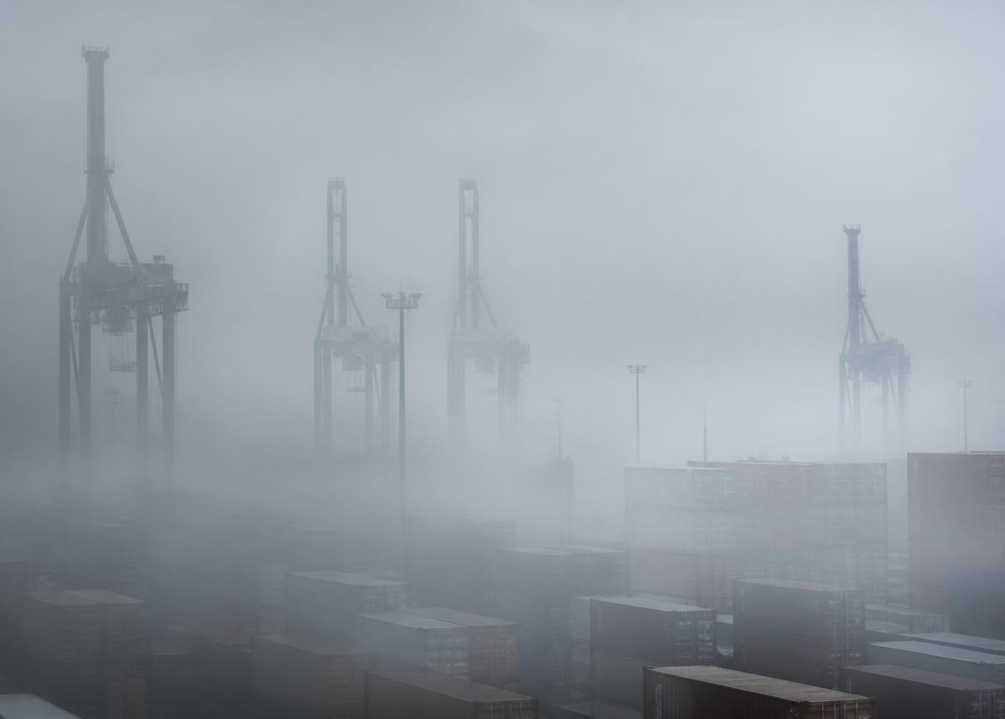 Container port cranes emerging from fog